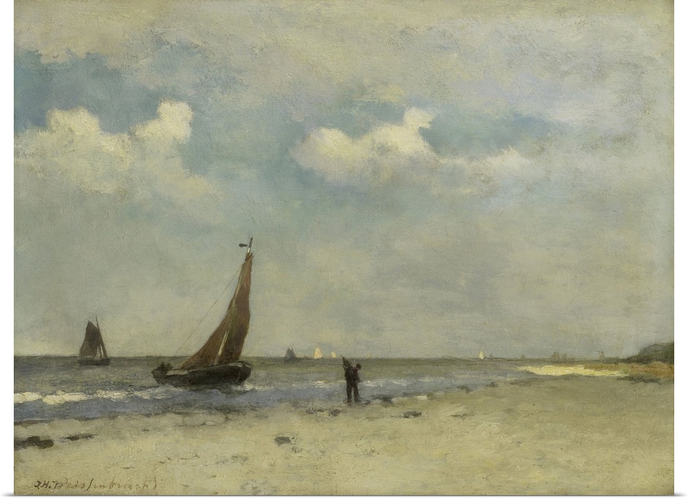 Beach Scene, by Johan Hendrik Weissenbruch, c. 1870-1903, Dutch painting, oil on panel. Small fishing boats on the water, ...