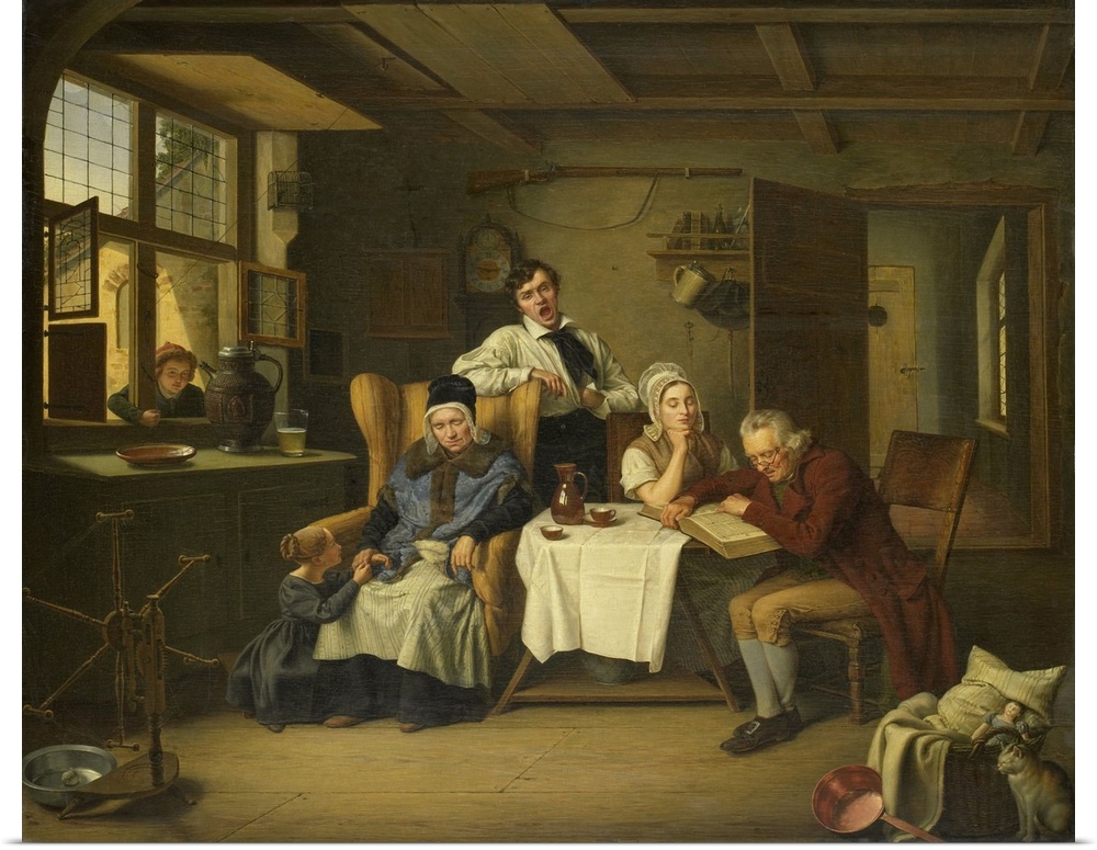 Bible Reading, by Eduard Karl Gustav Lebrecht Pistorius, 1831, Dutch painting, oil on canvas. Genre scene of family worshi...