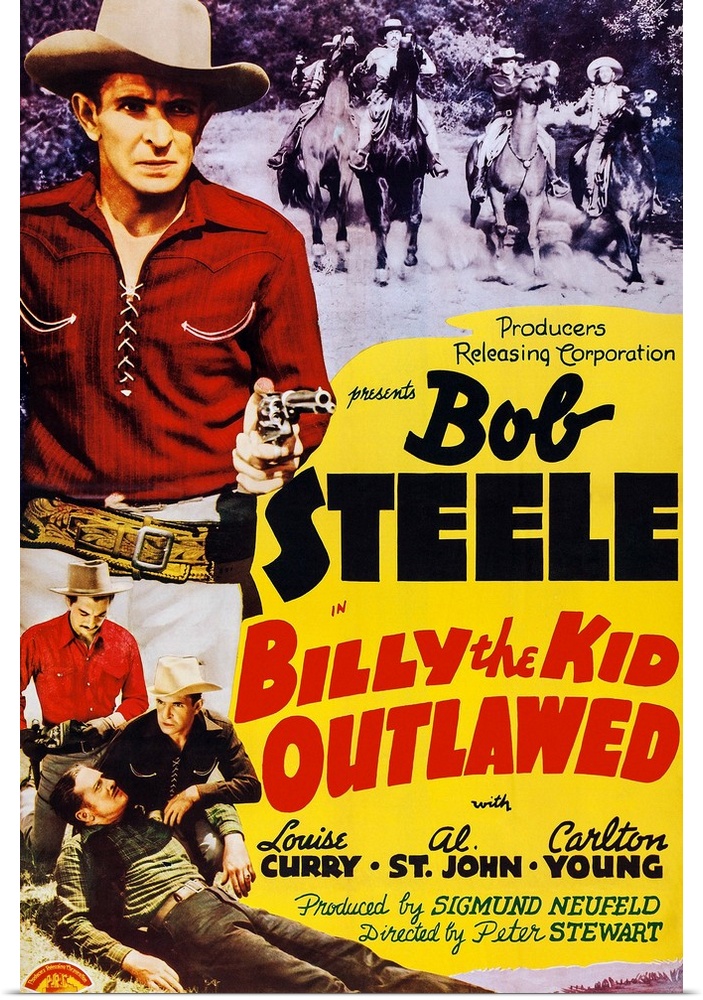 Billy The Kid Outlawed, Poster Art, Top Left: Bob Steele, Bottom L-R: Carleton Young,  Bob Steele, 1940.