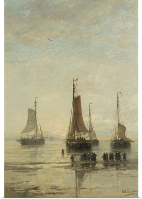 Bluff-Bowed Scheveningen Boats at Anchor, 1860-89, Dutch oil painting