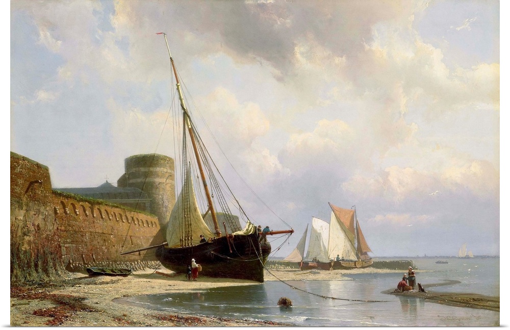 Bombproof Barracks in Flushing, by Johan Conrad Greive, c. 1860-70, Dutch painting, oil on panel. Sail boats are beached b...