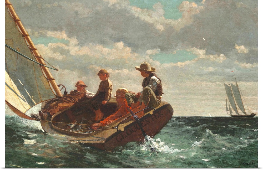 Breezing Up (A Fair Wind), by Winslow Homer, 1873-76, American painting, oil on canvas. A man, three boys, and their catch...