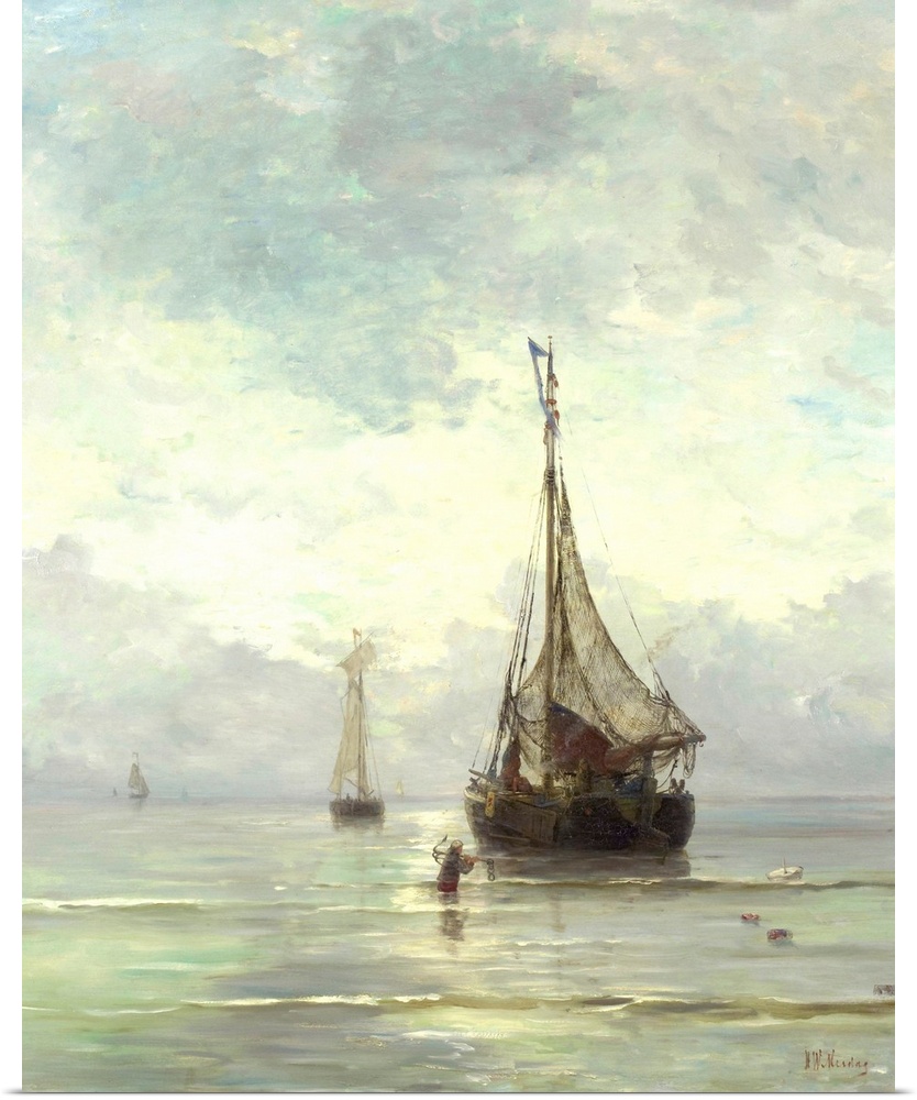 Calm Sea, by Hendrik Willem Mesdag, 1860-1900, Dutch painting, oil on canvas. Fishing boats approaching beach as a wading ...