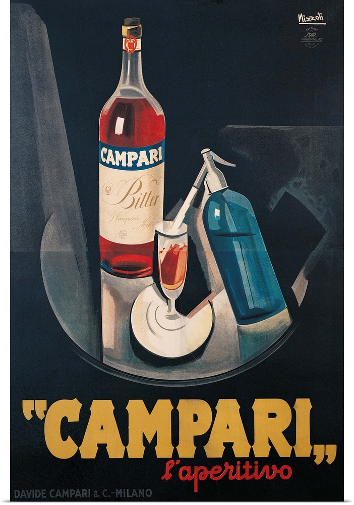 Private Collection. All. Poster advertising Campari aperitif bottle glass soda water black blue red yellow. (159963) Evere...