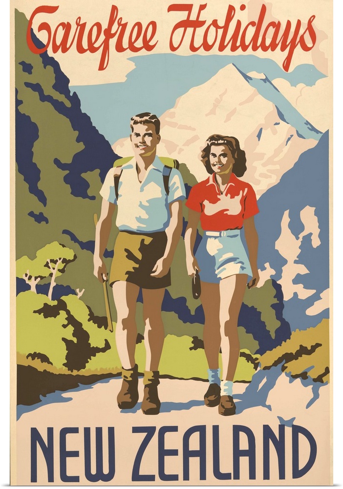 Carefree holidays New Zealand. 1930's travel poster shows a young man and woman hiking in the mountains.