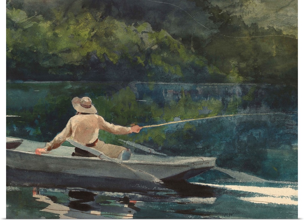 Casting, Number Two, by Winslow Homer, 1894, American painting, watercolor on paper. Homer's serene scene is still except ...