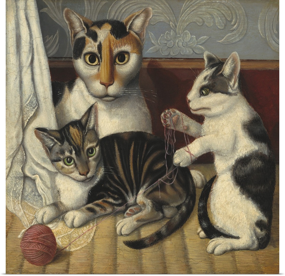 Cat and Kittens, by Anonymous, c. 1872-83, American painting, oil on millboard. Naive painting of a cat and two kittens pl...
