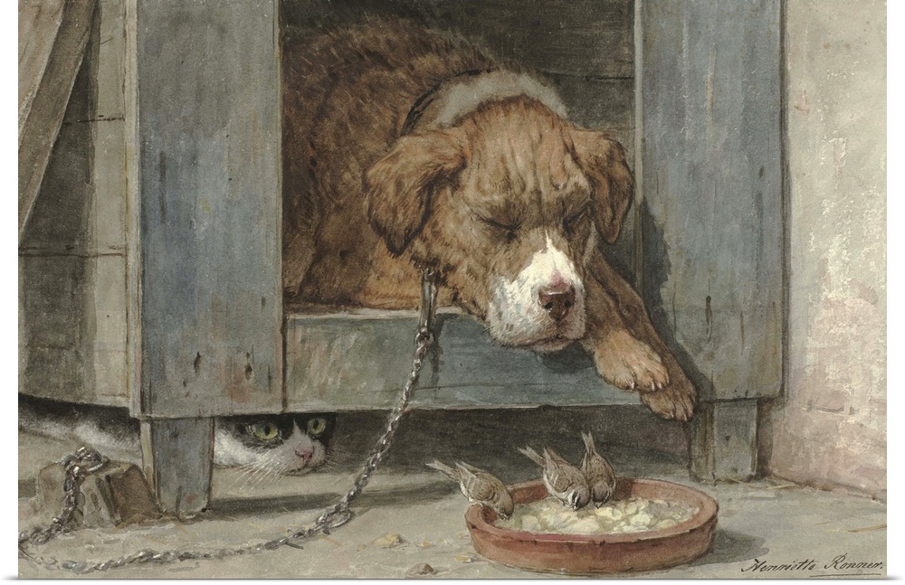 Cat Spies Birds While a Dog Sleeps, by Henriette Ronner, c. 1850-90, Belgian-Dutch watercolor painting, on paper. Humorous...