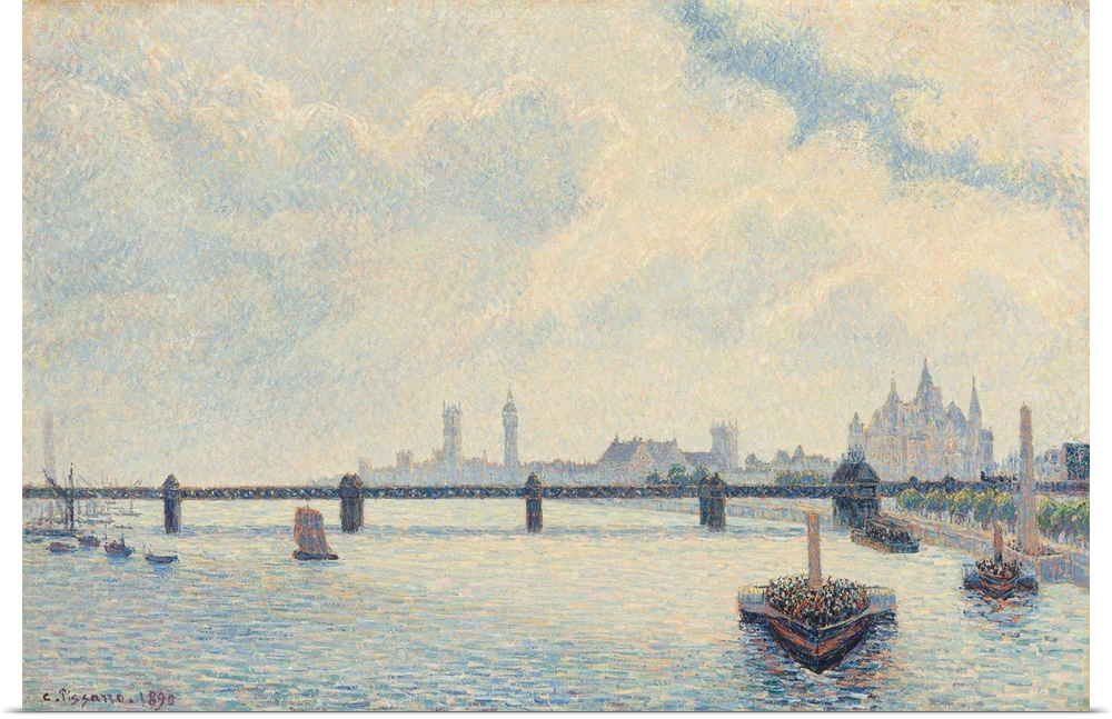 Charing Cross Bridge, London, by Camille Pissarro, 1890, French impressionist painting, oil on canvas. This painting shows...