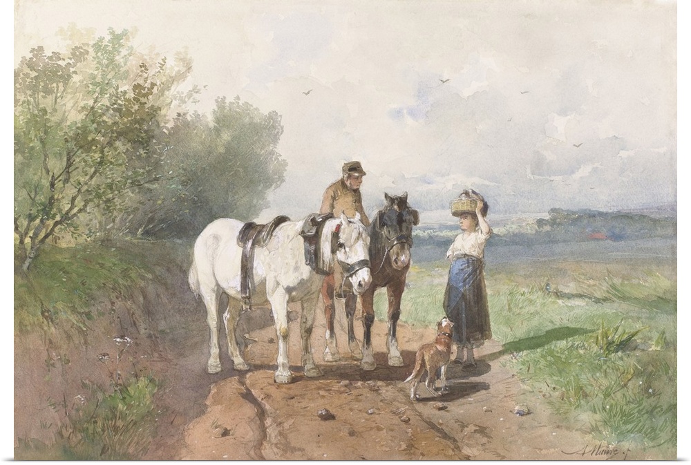 Chat on a Country Road, by Anton Mauve, c. 1860-80, Dutch watercolor painting. On a country road, a man on horseback talks...