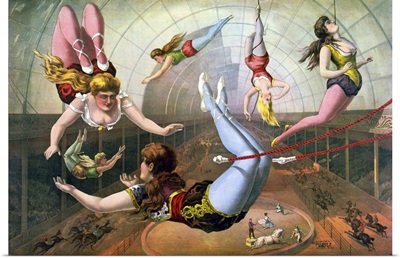 Circus poster with female aerial acrobats on trapezes