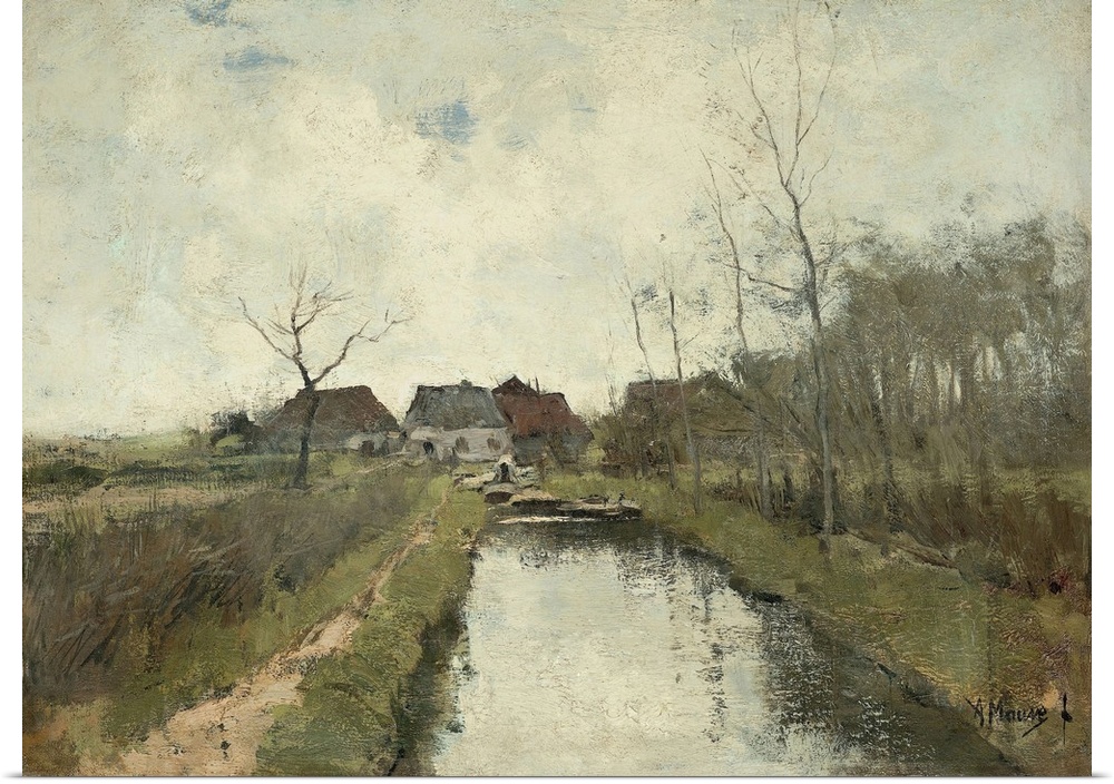 Cottages near a Ditch, by Anton Mauve, 1870-88, Dutch painting, oil on canvas. Polder landscape in the low-lying land recl...