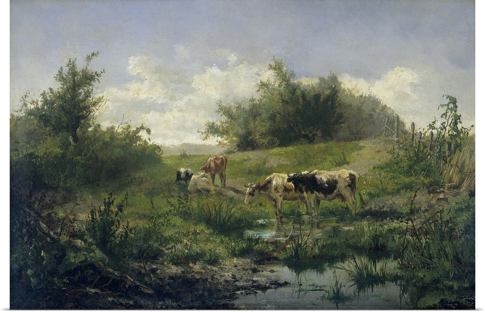 Cows at a Pond, by Gerard Bilders, 1856-58, Dutch painting, oil on panel.