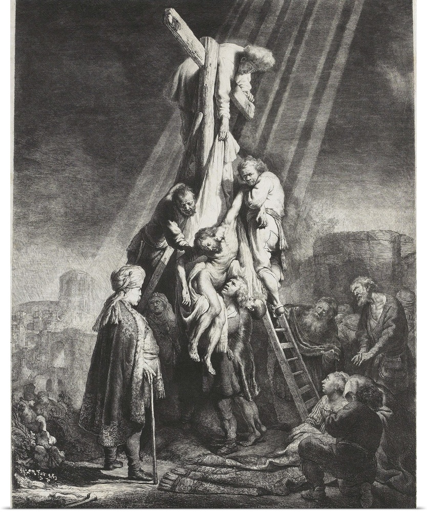 Descent from the Cross, by Rembrandt van Rijn, 1633, Dutch print, etching on paper. Christ taken down from the cross, by N...