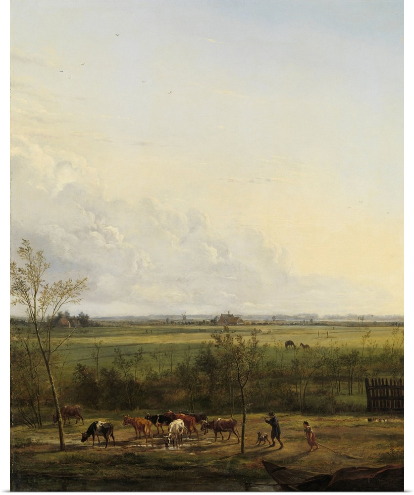 Distant View of the Meadows at 'S-Graveland, by Pieter Gerardus van Os, 1817, Dutch oil painting on canvas. This unstylize...