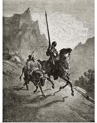 Don Quixote with Sancho Panza. 1863. Illustration of Cervantes book by Paul Gustave Dore
