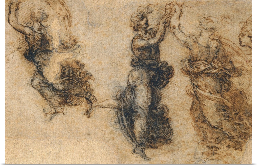 Study of dancing figures, by Leonardo da Vinci, 16th Century, 1515 -1515 about, pen and brush on a thin black traces in pe...