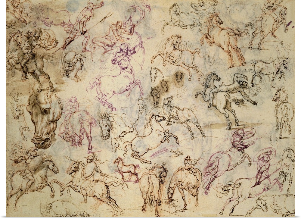 Figino Giovanni Ambrogio, Various studies of figures, 1586, 16th Century, red pencil, blue and brown ink, watercolour, Ita...