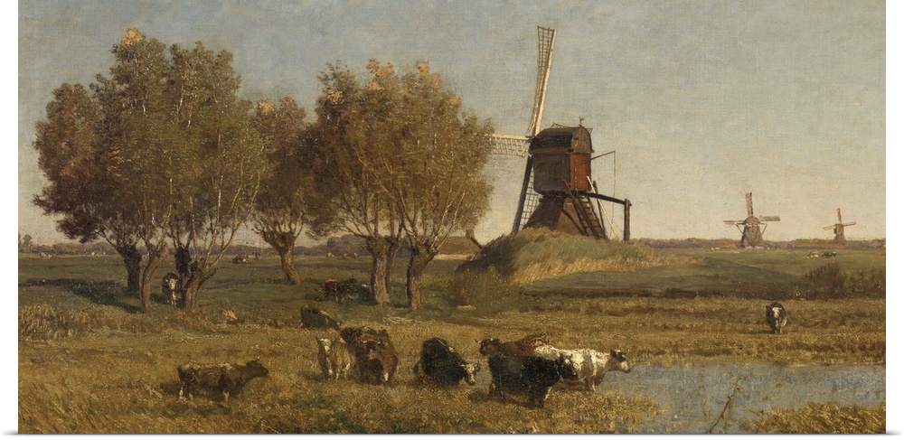 Dutch Polder Landscape near Abcoude, by Paul Gabriel, c. 1877, Dutch painting, oil on canvas. Three windmills are in a lin...