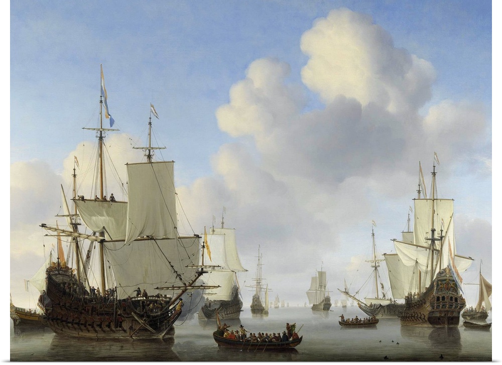 Dutch Ships in a Calm, by Willem van de Velde (II), c. 1665, Dutch painting, oil on canvas. In center, a sloop with trumpe...