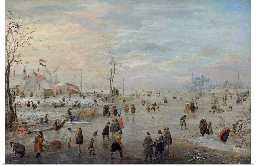 Enjoying the Ice, by Hendrick Avercamp, c. 1615-20, Dutch painting, oil on panel. Dutch Golden Age scene with men in foreg...