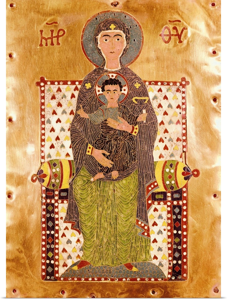 Plaque depicting an enthroned Virgin Mary (Theotocos Virgin). 10th c. Made of enamel and gold in Byzantium. Byzantine art....