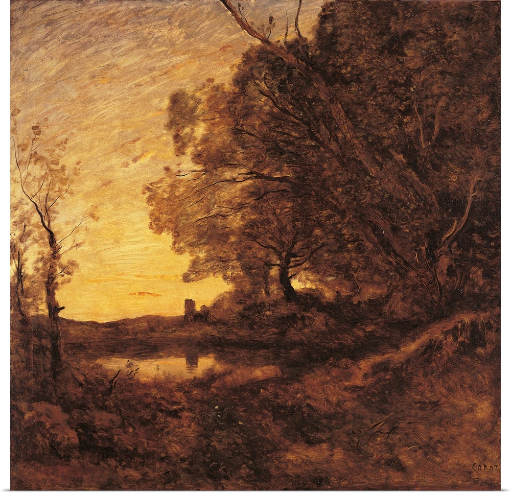 Evening. Distant Tower, by Jean-Baptiste-Camille Corot, 1865 - 1870 about, 19th Century, oil on canvas, cm 109 x 116 - Fra...