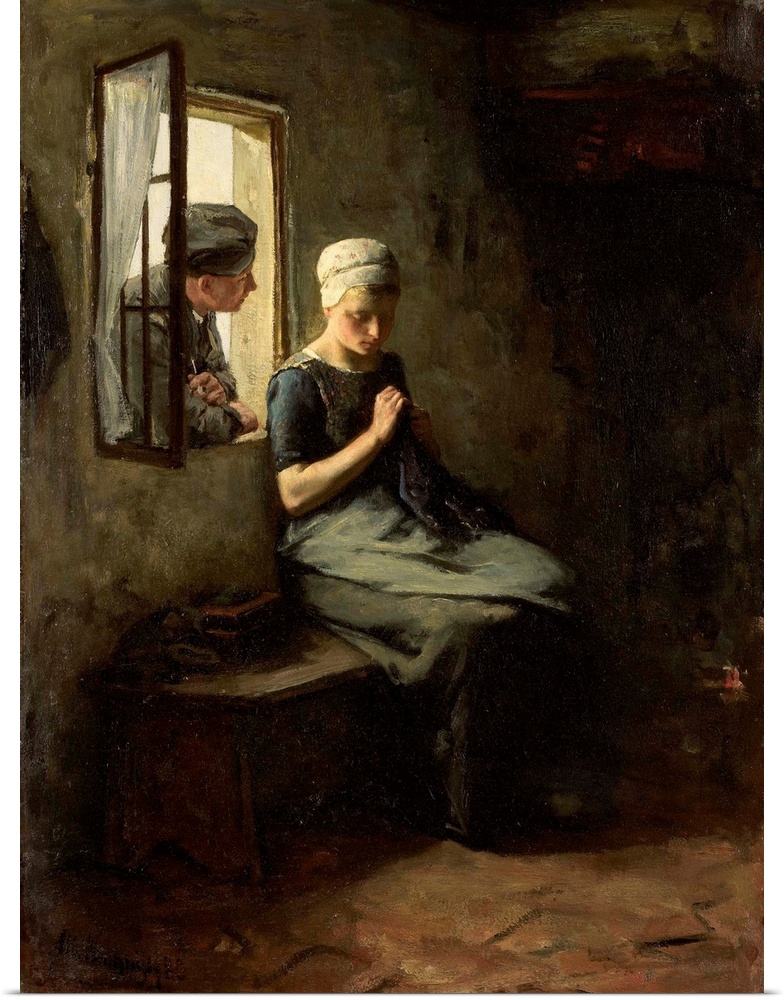Fisherman's Courtship, by Albert Neuhuys, 1880. Dutch painting, oil on canvas. A young man leaning in a window to talk to ...