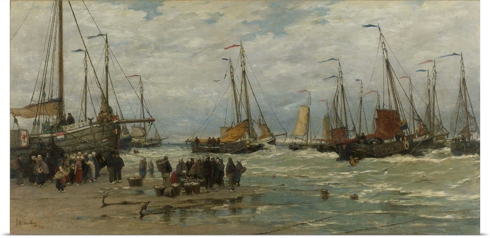 Fishing Pinks in Breaking Waves, by Hendrik Willem Mesdag, c. 1875-85, Dutch painting, oil on canvas. Fishing boats beache...