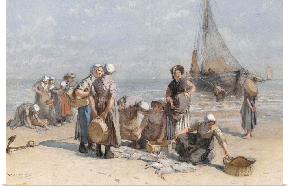Fishwives on the Beach at Scheveningen, by Bernardus Johannes Blommers, c. 1880-85, Dutch painting, watercolor. Women are ...