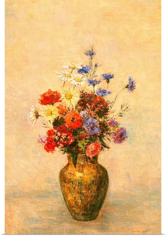 Flowers in a Vase, by Odilon Redon, 1910, French painting, oil on canvas. This bouquet of flowers includes poppies, cornfl...