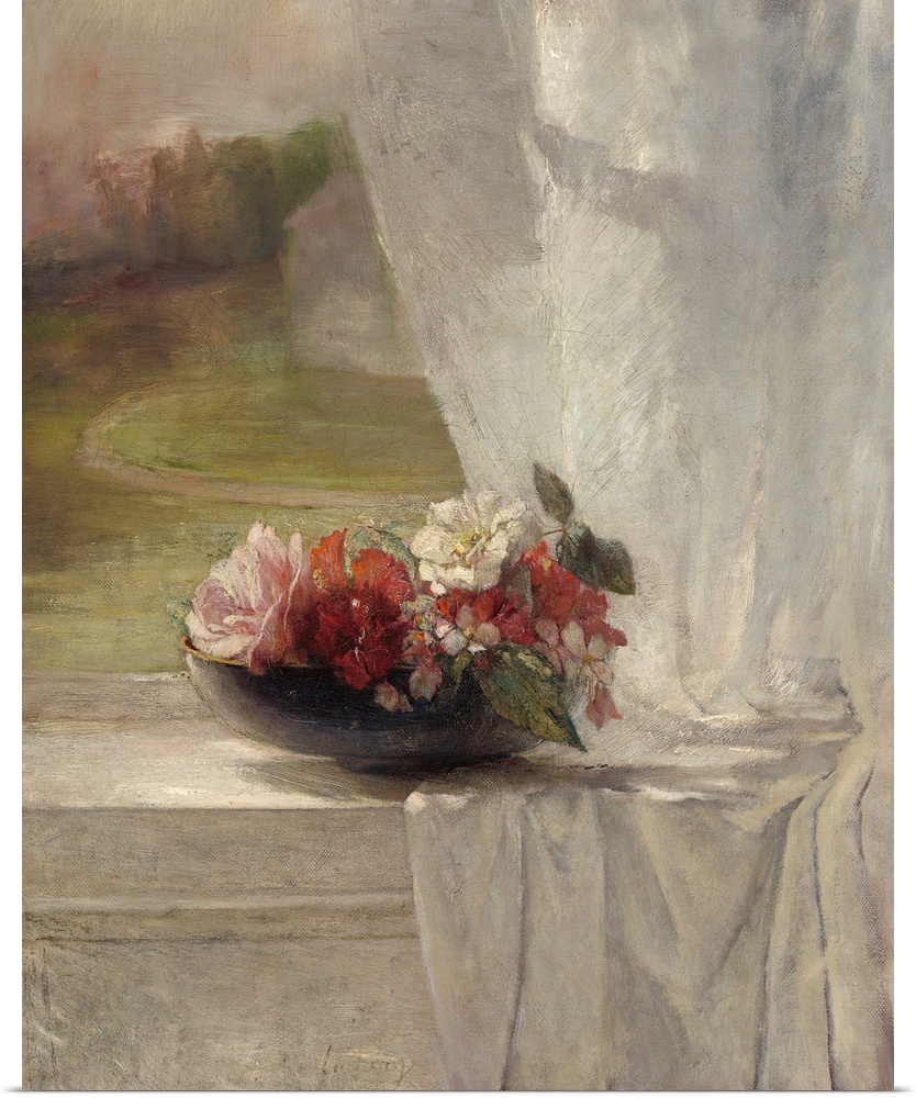 Flowers on a Window Ledge, by John La Farge, 1861, American impressionist painting, oil on canvas. La Farge paints with a ...