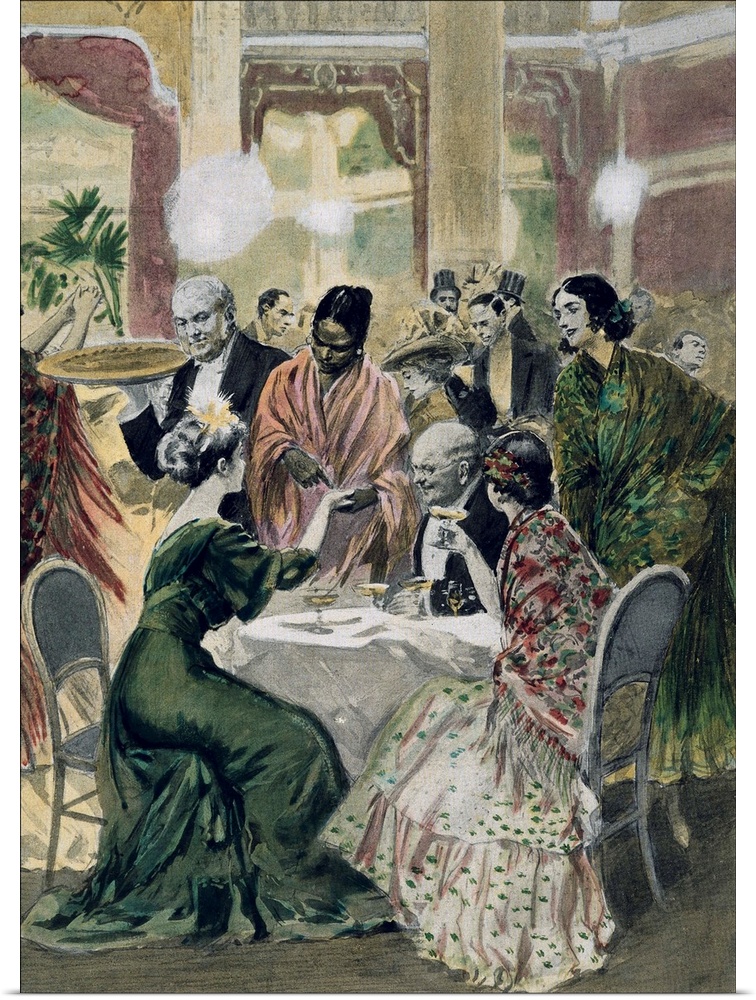 Making predictions in a cafe in Montmartre, Paris, at two in the morning. 1908. Engraving. -