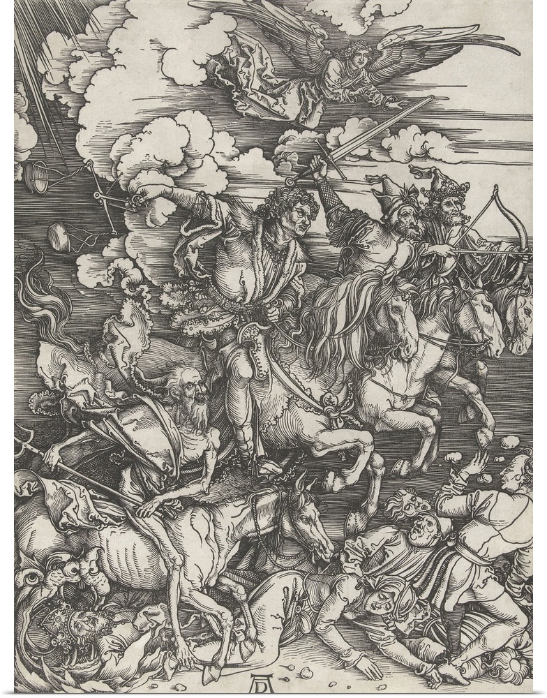 Four Horsemen of the Apocalypse, by Albrecht Durer, 1497-98, German print, wood engraving. Four men on horses armed with a...