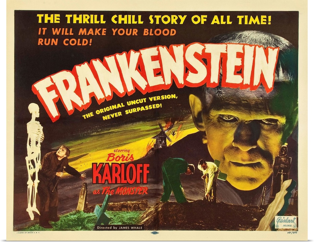 Frankenstein, L-R: Dwight Frye, Dwight Frye, Colin Clive, Boris Karloff On 1951 Re-Release Title Card, 1931.