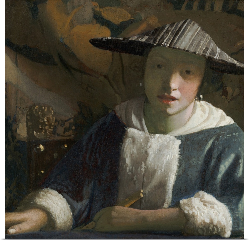 Girl with a Flute, by Johannes Vermeer, c. 1665-70, Dutch painting, oil on canvas. She wears a hat that creates a shadow o...