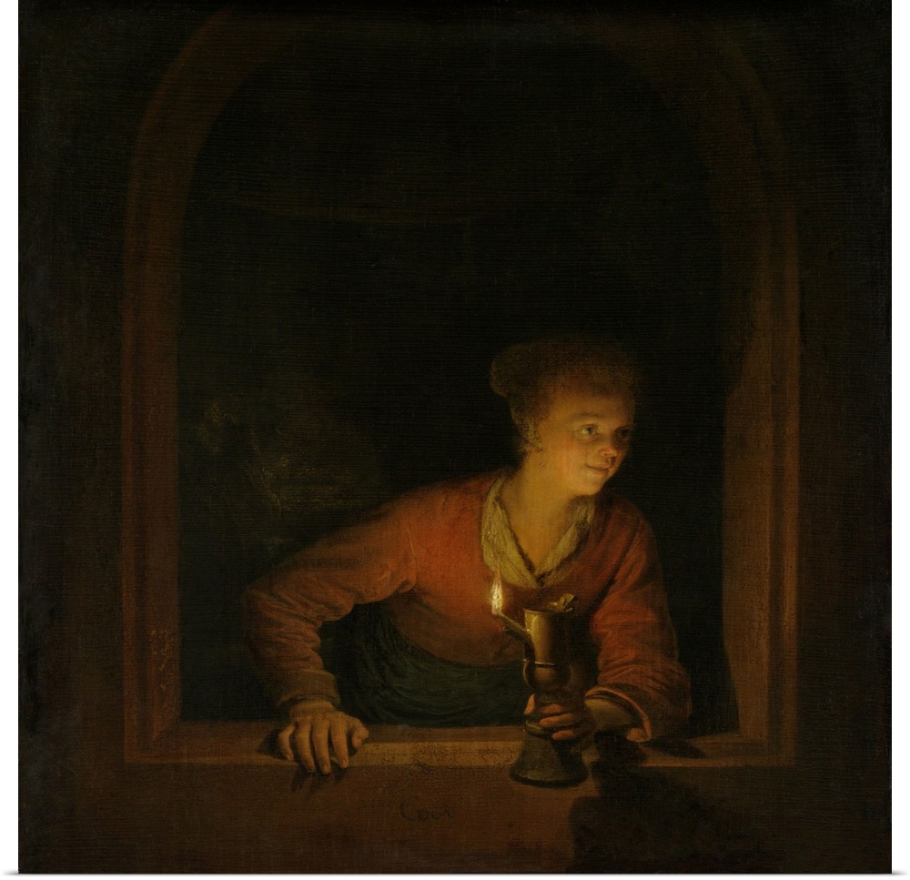 Girl with an Oil Lamp at a Window, by Gerard Dou, 1645-75, Dutch painting, oil on panel. Young woman with burning oil lamp...