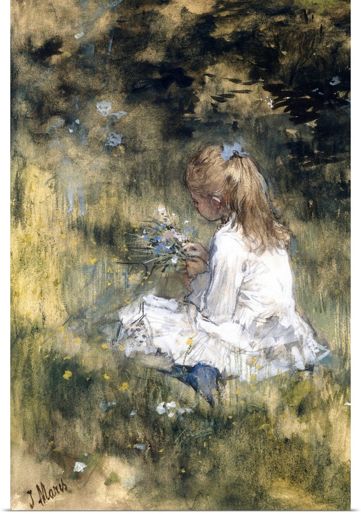 Girl with Flowers on the Grass, by Jacob Maris, 1878, Dutch watercolor painting, drawing with chalk. A girl in a white dre...