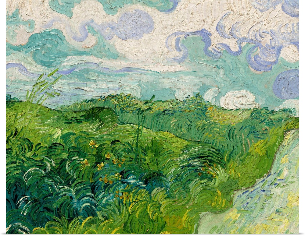 Green Wheat Fields, Auvers, by Vincent van Gogh, 1890, Dutch Post-Impressionist painting, oil on canvas. Painted in the la...