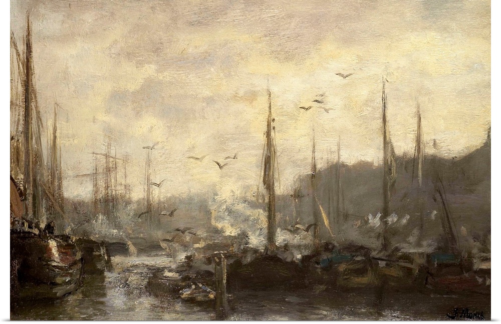 Harbor View, by Jacob Maris, c. 1887, Dutch painting, oil on canvas. Gulls fly over the masts of moored boats.