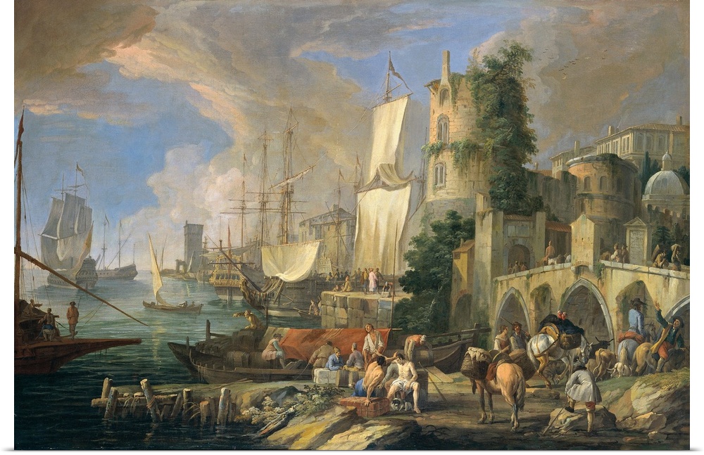 Harbor's View with Bridge and Tower (Veduta di porto con ponte e torre), by Luca Carlevaris, 1713, 18th Century, oil on ca...