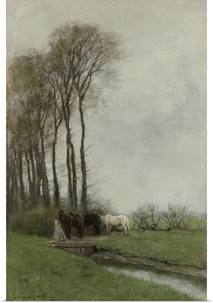Horses at the Gate, by Anton Mauve, 1878, Dutch painting, oil on canvas. Three horses standing at a sluice in a water fill...