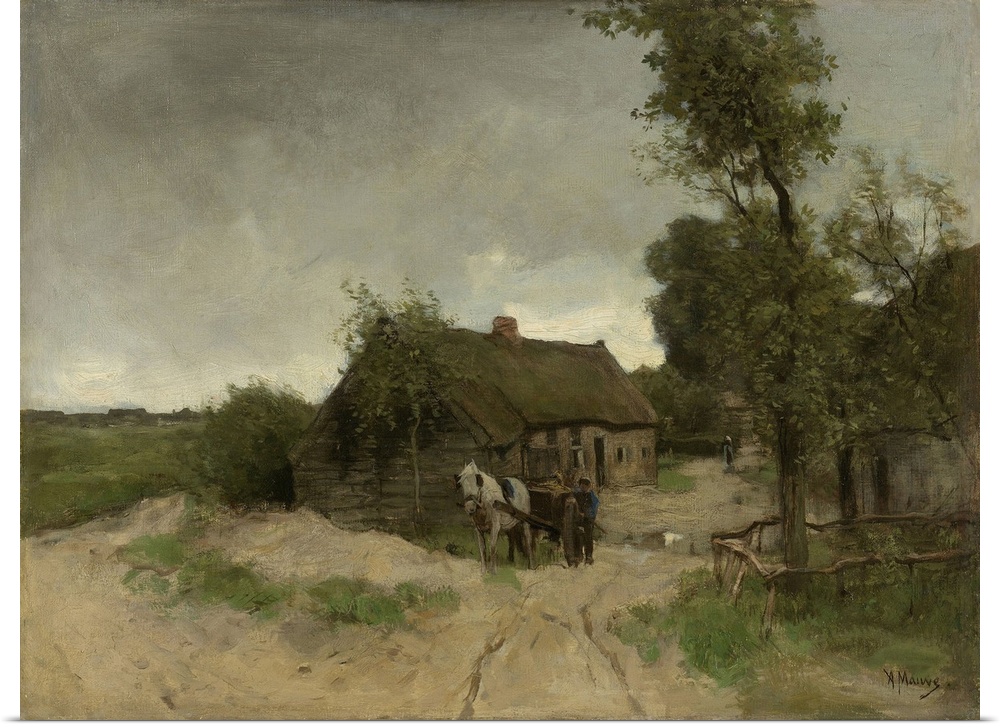 House on the Dirt Road, by Anton Mauve, 1870-88, Dutch painting, oil on canvas. House with an attached barn and a man walk...