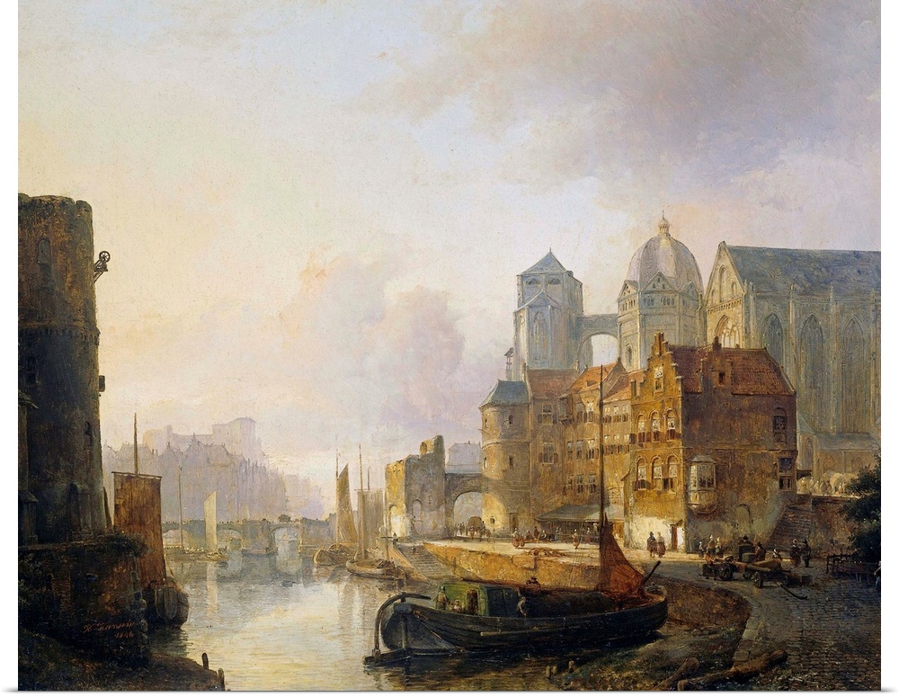 Imaginary View of a Riverside Town with Aachen Cathedral, by Kasparus Karsen, 1846. Dutch painting, oil on panel. The famo...