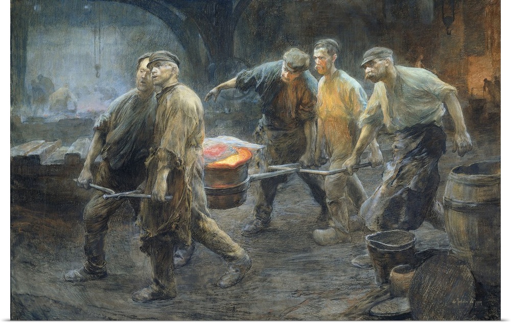 Interior of an Iron Foundry, by Pieter de Josselin de Jong, 1880-1900, Dutch watercolor painting. Five workers carry a cru...
