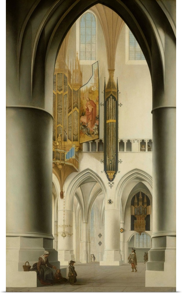 Interior of the Church of St. Bavo, Haarlem, by Pieter Saenredam, 1636, Dutch painting, oil on panel. The old organ, which...