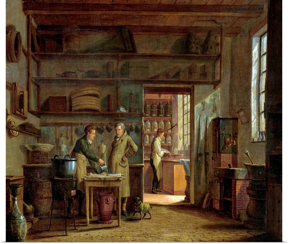 Interior of the Laboratory of the Apothecary, by Johannes Jelgerhuis, 1818, Dutch painting, oil on canvas. An man is mixin...