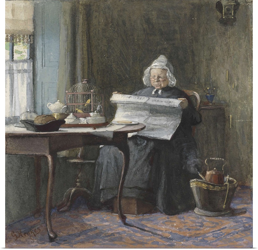 Interior with a Woman Reading the Newspaper, by Gerke Henkes, 1875-1900, Dutch watercolor. Elderly woman at her table with...