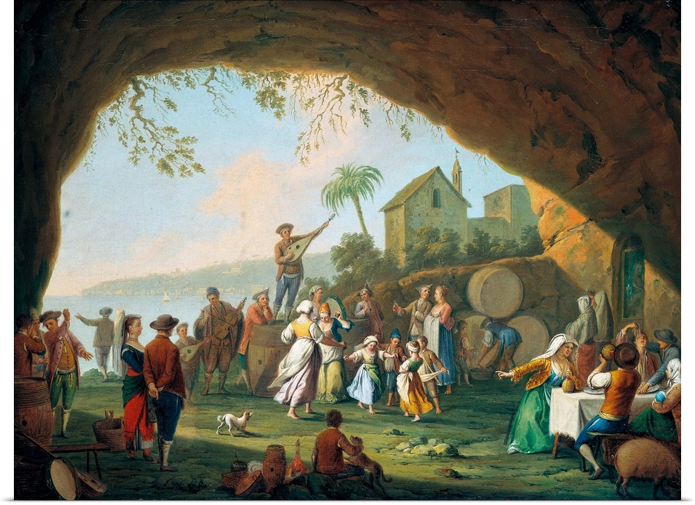 Tarantella with Posillipo on the Background (Tarantella con Posillipo sullo sfondo), by Pietro Fabris, 18th Century, oil o...