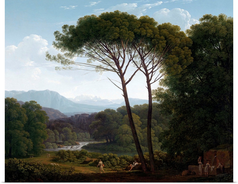 Italianate Landscape with Pines, by Hendrik Voogd, 1795 Dutch painting, oil on canvas. Landscape with clear forms, space, ...